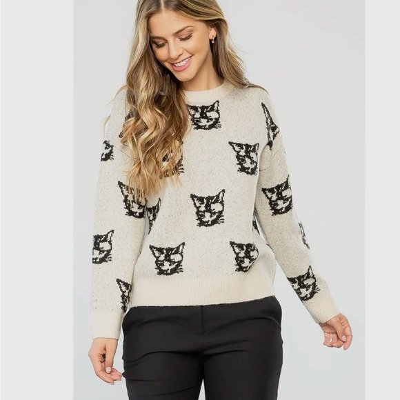 THML, Cream Cat Pattern Knit Sweater, Size s m l | TMK1681 - Picture 2 of 4
